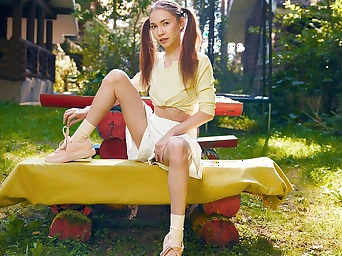 Beauty ejaculations on a bench